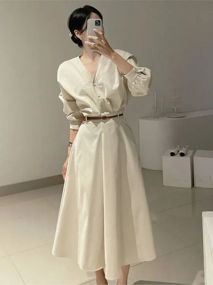 Korean V-neck Midi Dresses for With Belt Long Sleeve A-line Office Lady Autumn New Female Clothing