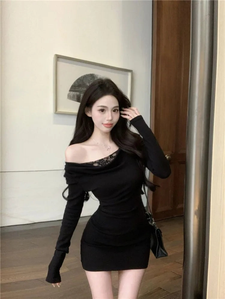 Mini Dresses Lace Patchwork Sweet Slim Long Sleeve Ruched Off Shoulder Spring Party Dress