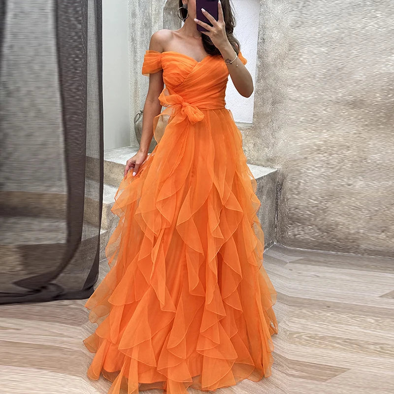 Strapless Ruffle Mesh Bridesmaid Dresses Spring Backless Hollow Long Party Dress Summer High Waist Bow Hem Maxi Dress