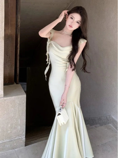 Summer Mermaid Dress Bodycon Spaghetti Strap Midi Maxi Dresses Lady Stain Party Square Neck New Robe