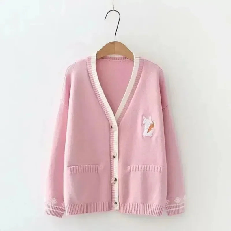 Korean Sweet Sweaters Japanese V Neck Long Sleeve Cardigans New Embroidery Cardigan