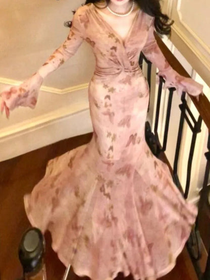 Mermaid Flare Sleeve Long Dresses Spring Summer Bodycon Pink Print Evening Club Vestidos Robe