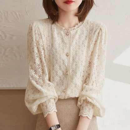 Woman Spring Autumn Style Lace Blouses Tops Lady Long Lantern Sleeve Stand Collar Blusas Tops Sp1529