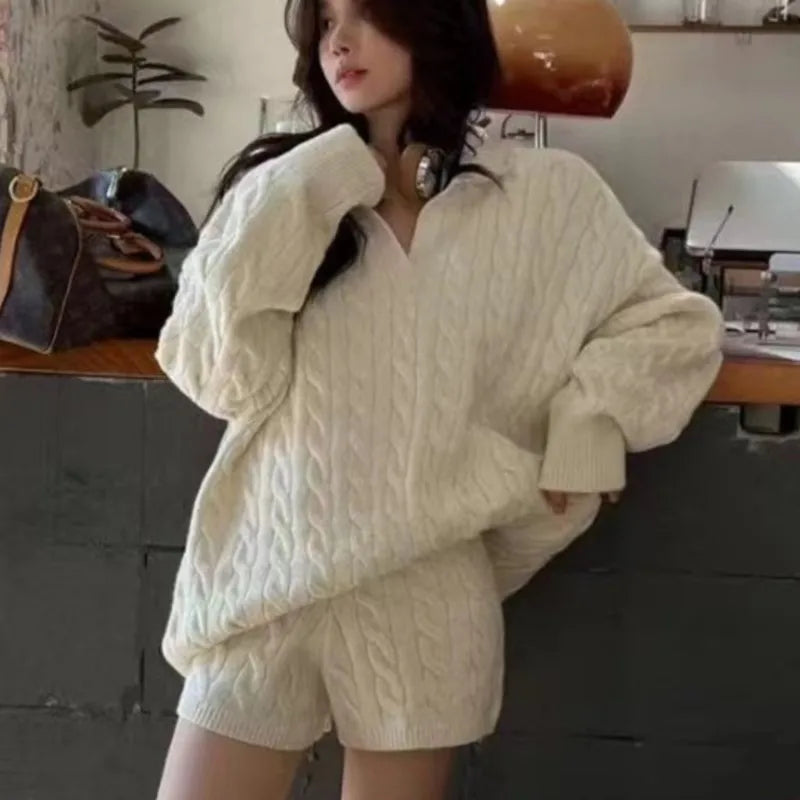 Korean Two-piece Set V-neck Loose Pullover Sweater Top Shorts Outfits Autumn New Suit Female Clothing