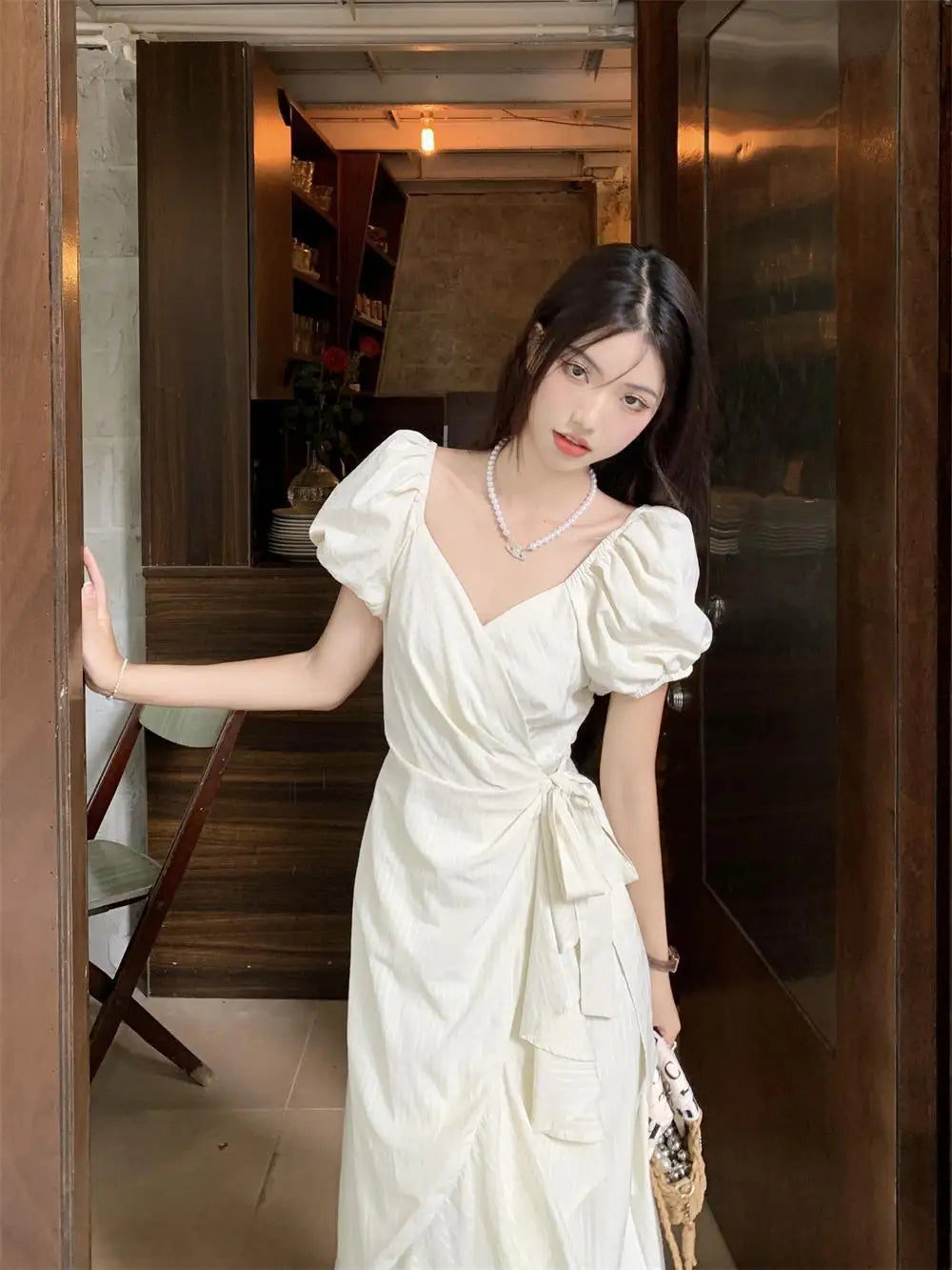 White Vneck Lace Up Short Sleeved Dress Summer New Lotus Leaf Edge Waist Cinching Slim Temperament Long Dresses