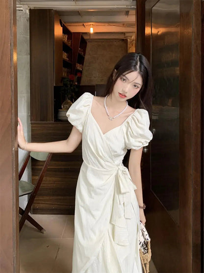 White Vneck Lace Up Short Sleeved Dress Summer New Lotus Leaf Edge Waist Cinching Slim Temperament Long Dresses