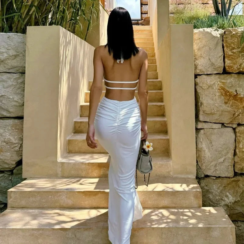 Halter Neck Hollow Long Dress White Pleated Backless Evening Dress Lace Up Sleeveless Long Dress