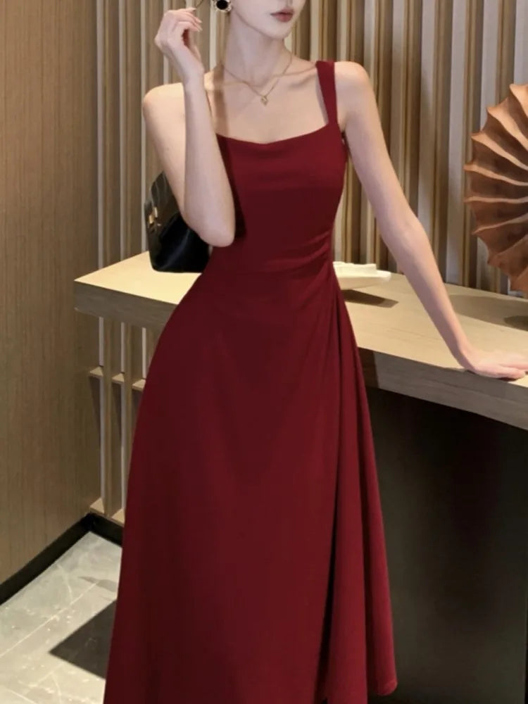 Summer Midi Dress Spaghetti Strap Square Collar High Waist Slim Evening Party Dresses Prom Robe Vestido New
