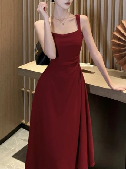 Summer Midi Dress Spaghetti Strap Square Collar High Waist Slim Evening Party Dresses Prom Robe Vestido New