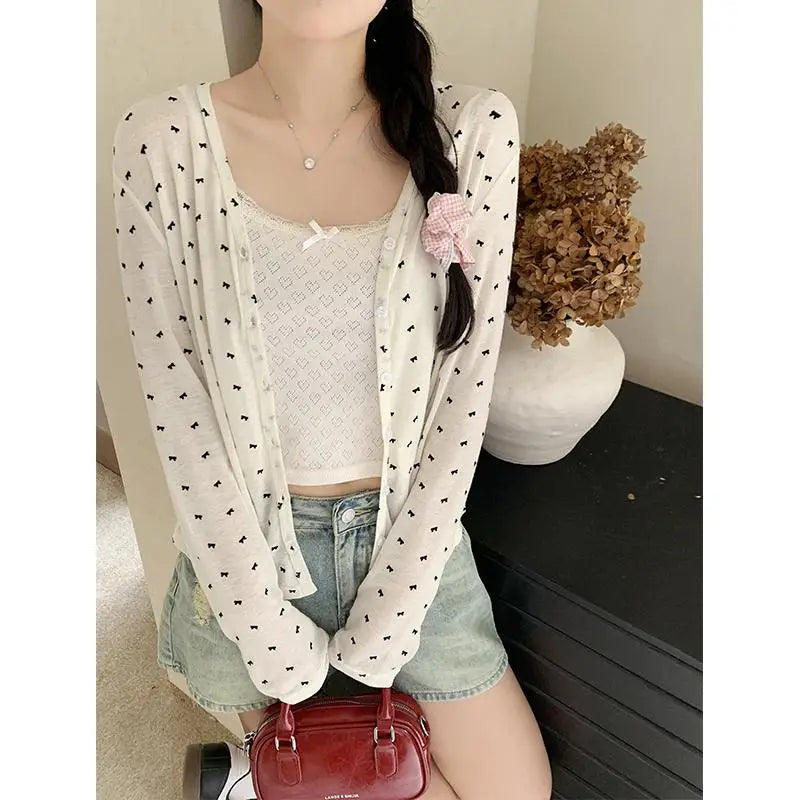 French White Bow Print Long Sleeved Knitted Sweater Spring Autumn New Gray Versatile Cardigan Tops Clothes Trend