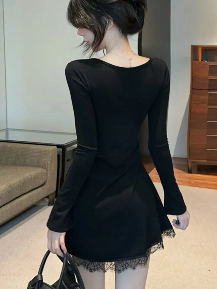Lace Patchwork Dresses Square Collar Party Mini Dress Autumn Spring Slim Waist Vestidos Female Outfits