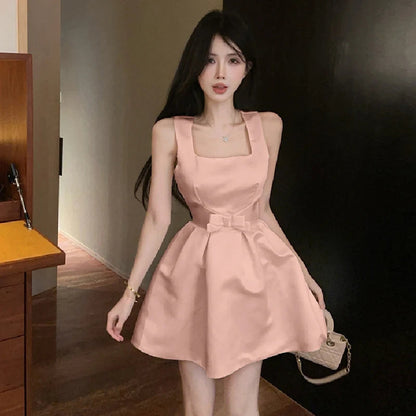 Dresses Sweet Square Collar Bow Sleeveless Slim Ball Gown Mini Dress Temperament Spring