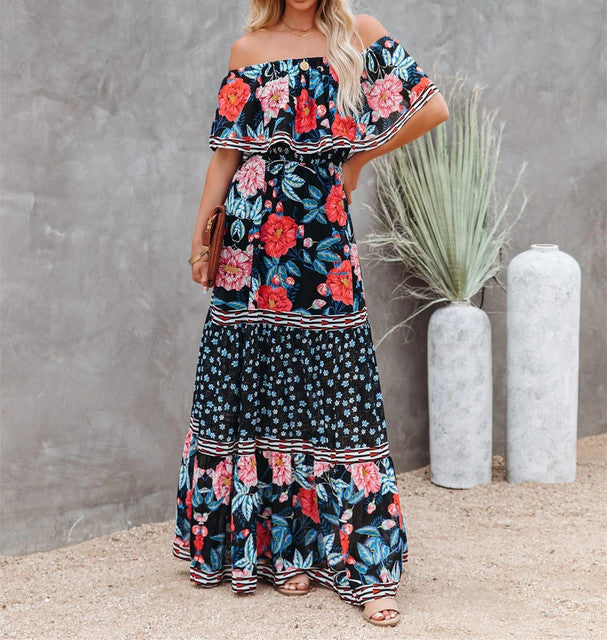 Flower Print Off Shoulder Long Dresses for Spring Summer New Temperament High Waist Leace-up Dress Female Vestidos