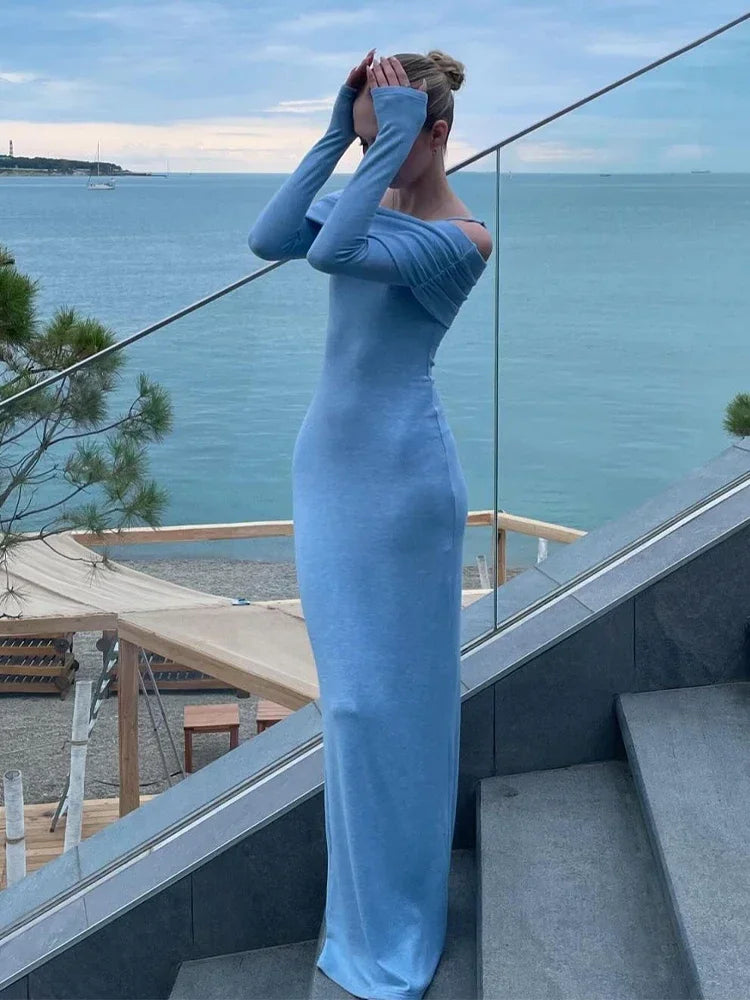 Off Shoulder Long Dress Bodycon Full Sleeves Party Dresses Summer Autumn Slim Lady Robes