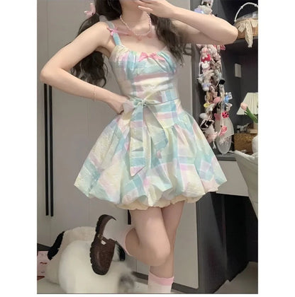 Rainbow Dresses Sweet Sleeveless Bow Slash Neck Sweet Summer Bud Mini Dress Female Party