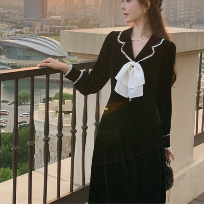 Lapel Midi Dresses for Bow Long Sleeve Birthday Party Dress A-line Autumn New Korean Vestido Mujer