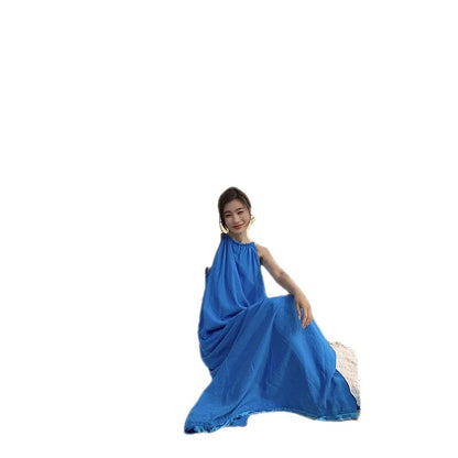 Summer Blue Round Neck Loose Pleated Bandage Long Dress New Club Sleeveless Vacation Dress Simplicity