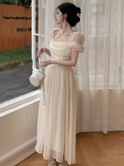Summer Halter Midi Dress Female Chiffon Square Neck Party One Pieces Dresses French New Vestidos Robe