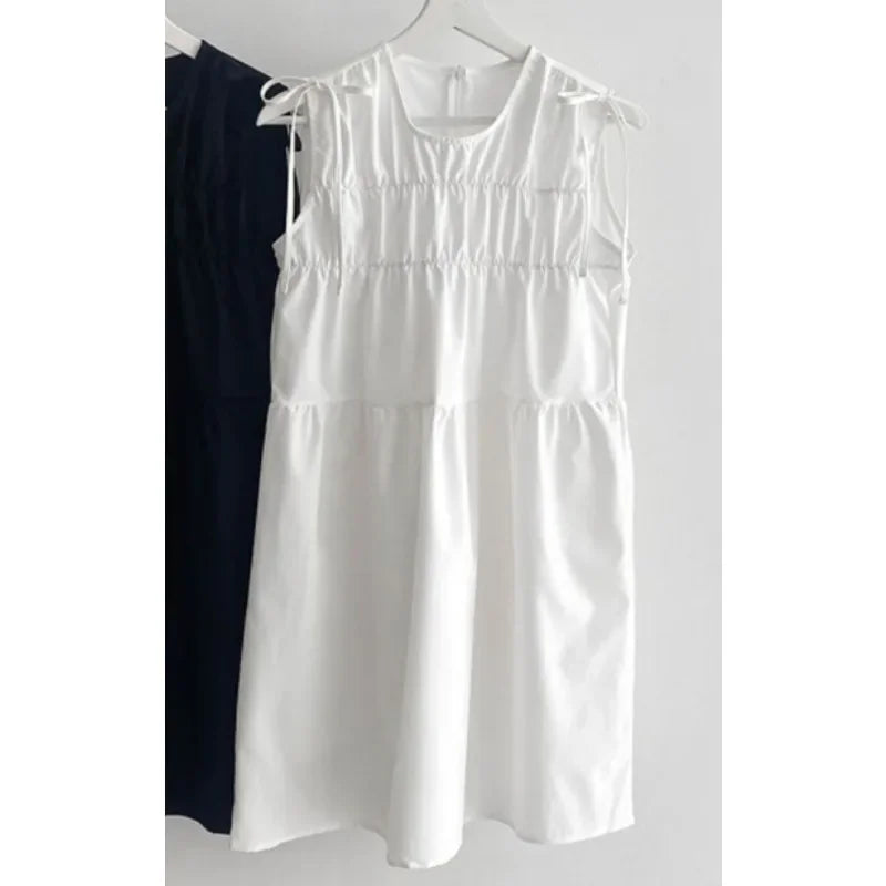 High Street Laceup Pleated Loose Tank Dress Summer New Korean Oneck Color Sleeveless Mini Dress
