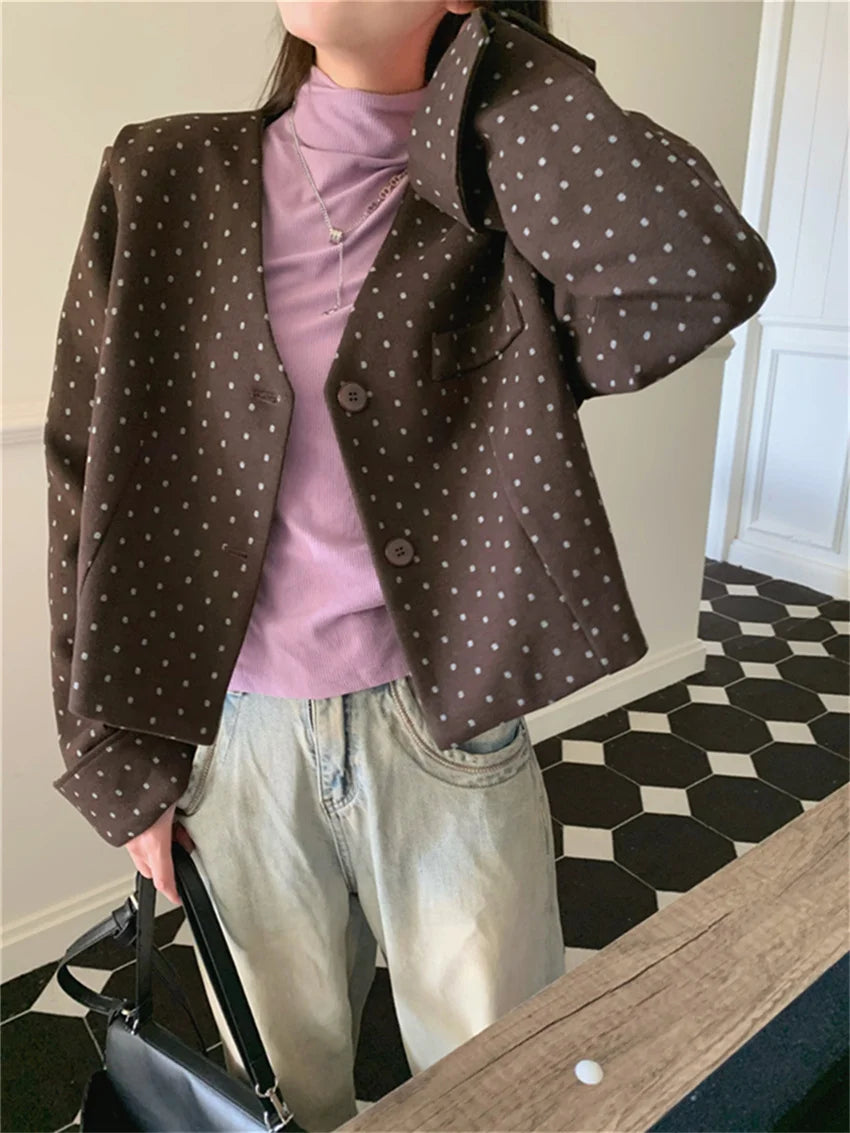 Office Lady Coats New Woolen Autumn Polka Dots Slim High Street Work Wear Vneck