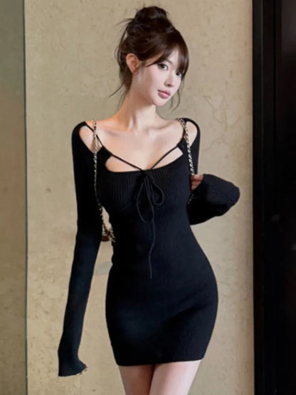 Knitted Dresses for Long Sleeve Laceup Evening Party Mini Dress Female One Piece Vestidos New