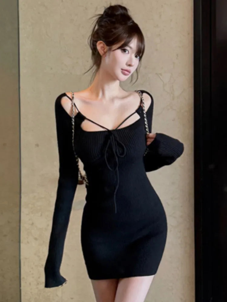 Knitted Dresses for Long Sleeve Laceup Evening Party Mini Dress Female One Piece Vestidos New