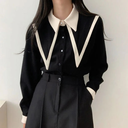 Shirts Korean Patchwork Black Long Sleeve Blouses Office Red Chiffon Tops New