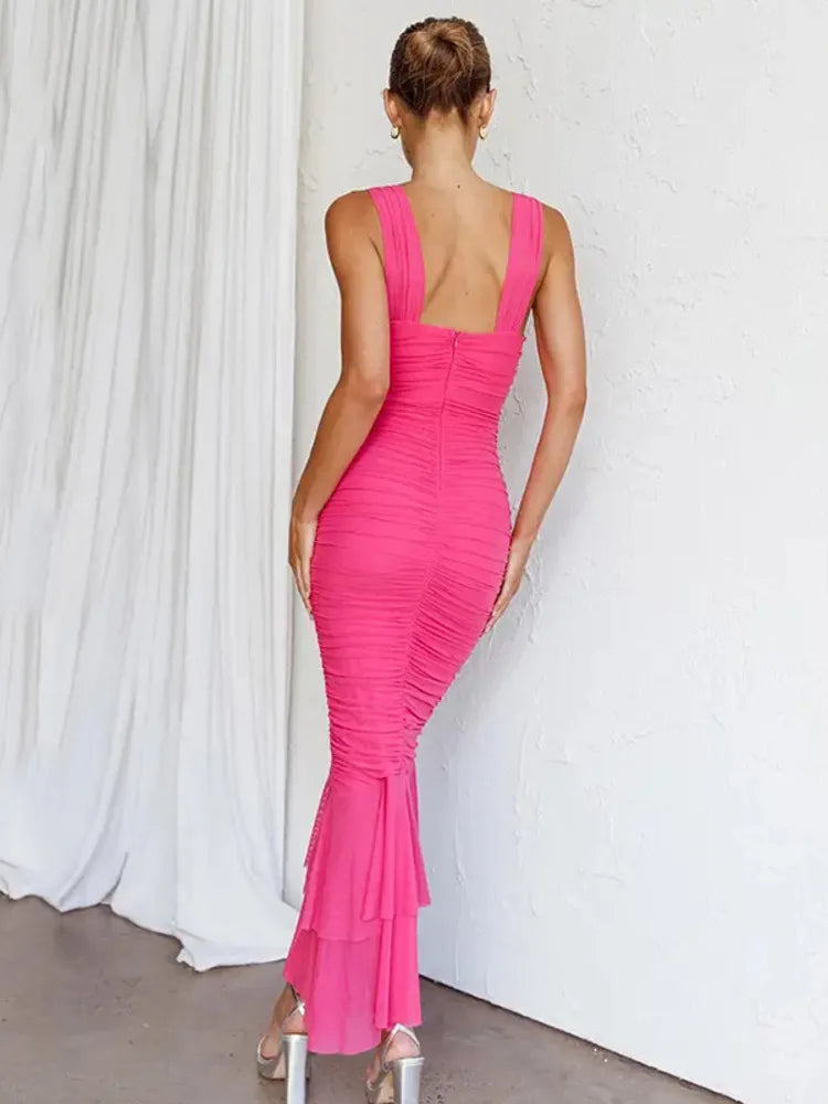 Hollow Out Backless Ruched Maxi Dress for Mesh Spaghetti Strap Sleeveless Bodycon Party Long Dress