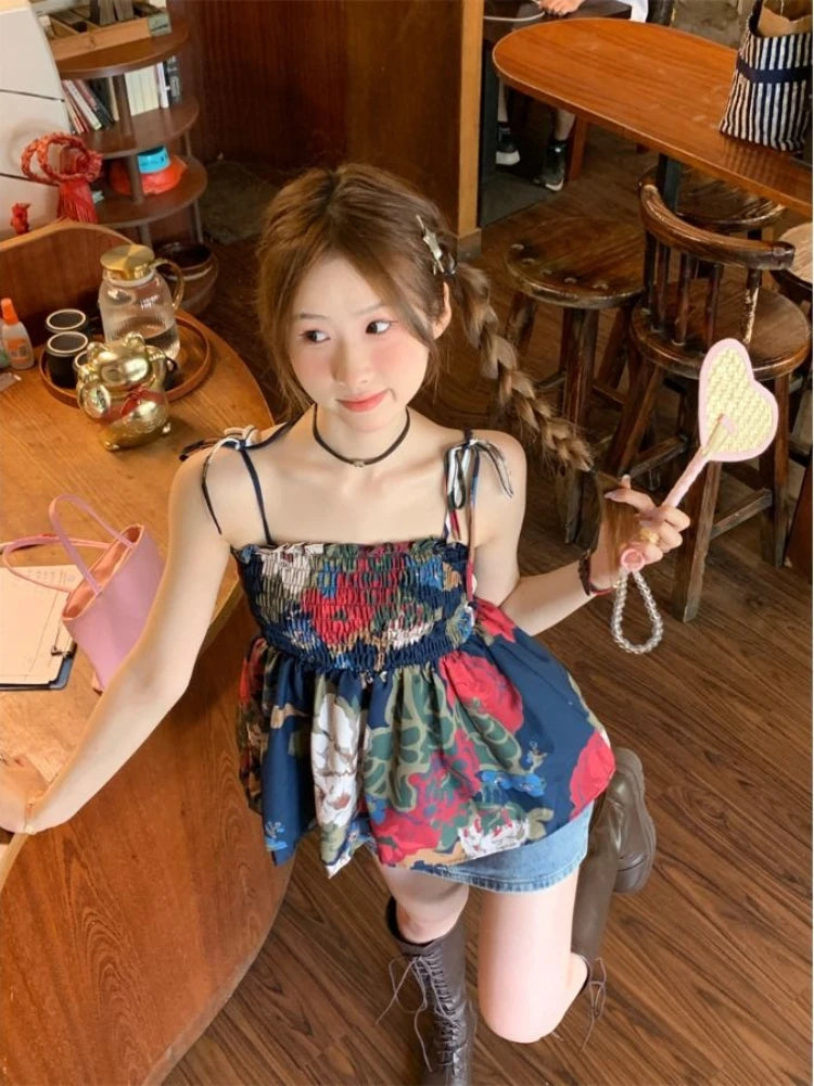 Print Camisole Shirt Summer Blouses Female Vacation Style Elastic Tank Tops