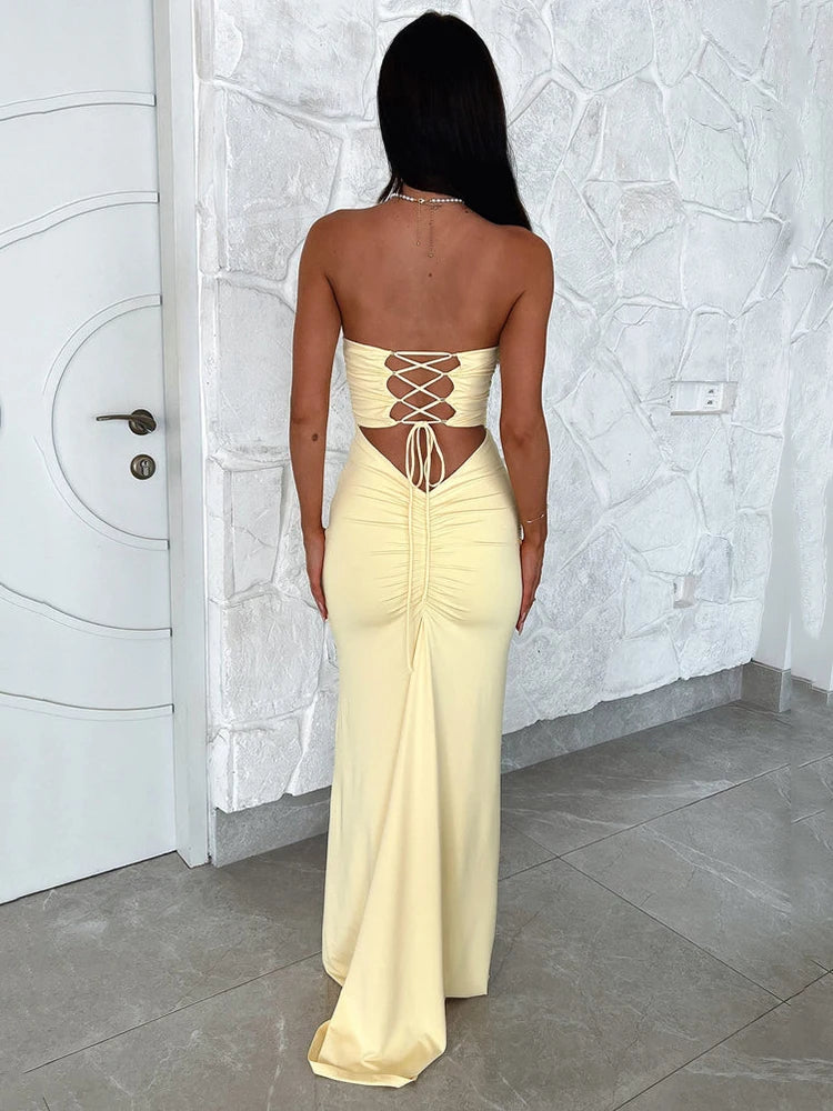 Strapless Backless Lace-up Maxi Dress for Summer New Off-shoulder Sleeveless Bodycon Club Party Long Dress