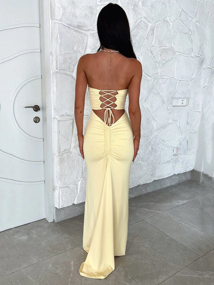 Strapless Backless Lace-up Maxi Dress for Summer New Off-shoulder Sleeveless Bodycon Club Party Long Dress