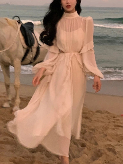 Summer Beach Style Chiffon Y2k Mini Dress Office Lady Long Sleeve One Piece Dress Korean Clothing