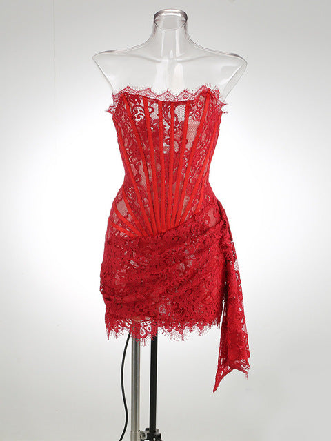 Lace Strapless Mini Dress for Off-shoulder Irregular Ruched Bodycon Night Club Party Dress