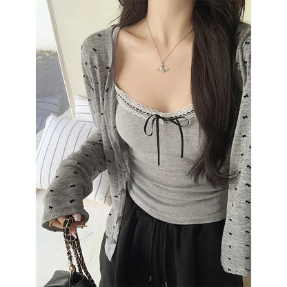 French White Bow Print Long Sleeved Knitted Sweater Spring Autumn New Gray Versatile Cardigan Tops Clothes Trend