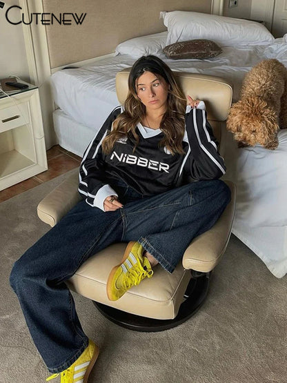 Sweatshirts Panelled Letter Print Lapel Stripe Oversized Track Tops Female Basic Autumn New Tees