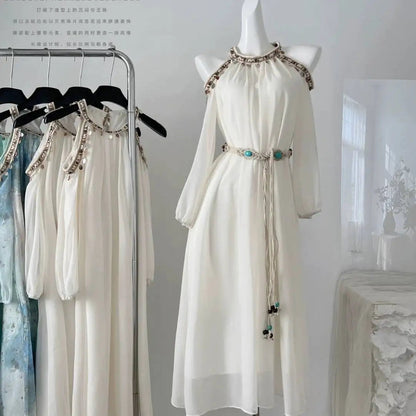Autumn New Vacation Style Slim Fit Shell Lace White Dress Fairy Off Shoulder Loose Aline Long Dress for