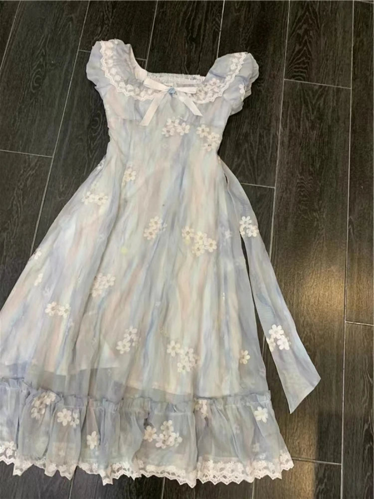 Sweet Kawaii Party Dress Lace Puff Sleeve Mini Dress Summer Korean One Piece Dress New