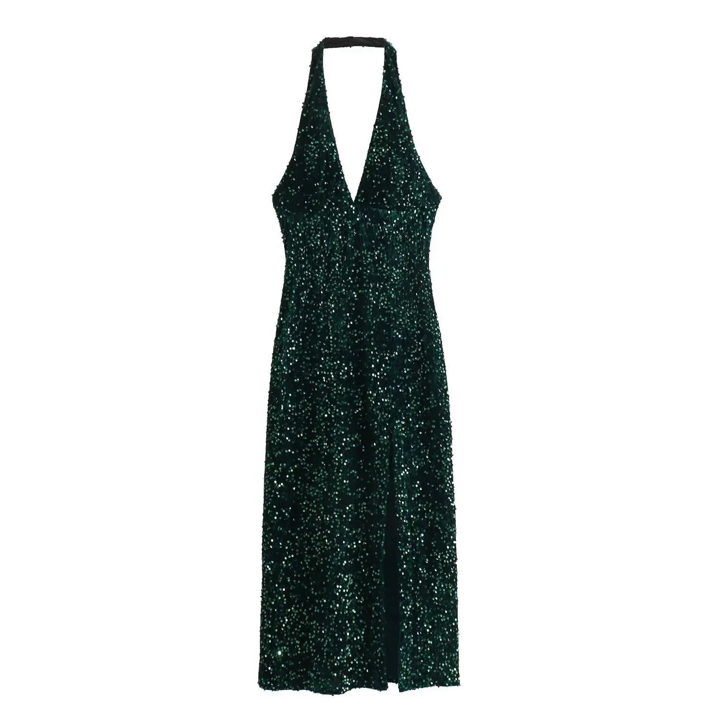 Sequined Bodycon Split Midi Dress for Backless Sleeveless Halter Slim Long Vestidos Spring Club Party Dresses