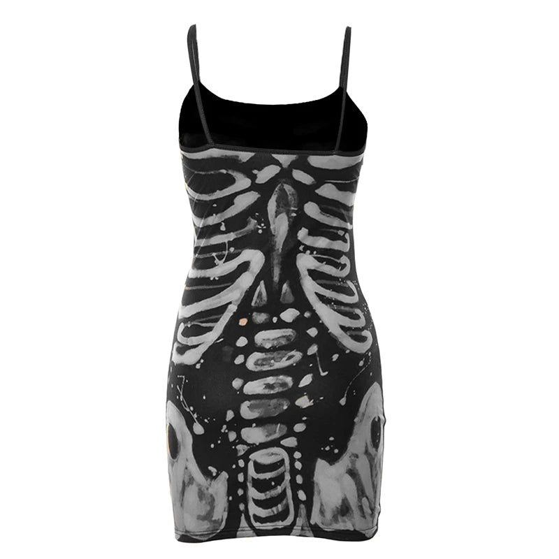 Gothic Dress Summer Spaghetti Strap Sleeveless Bone Printed Mini Dresses Y2k Aesthetic Punk Graphic Dress