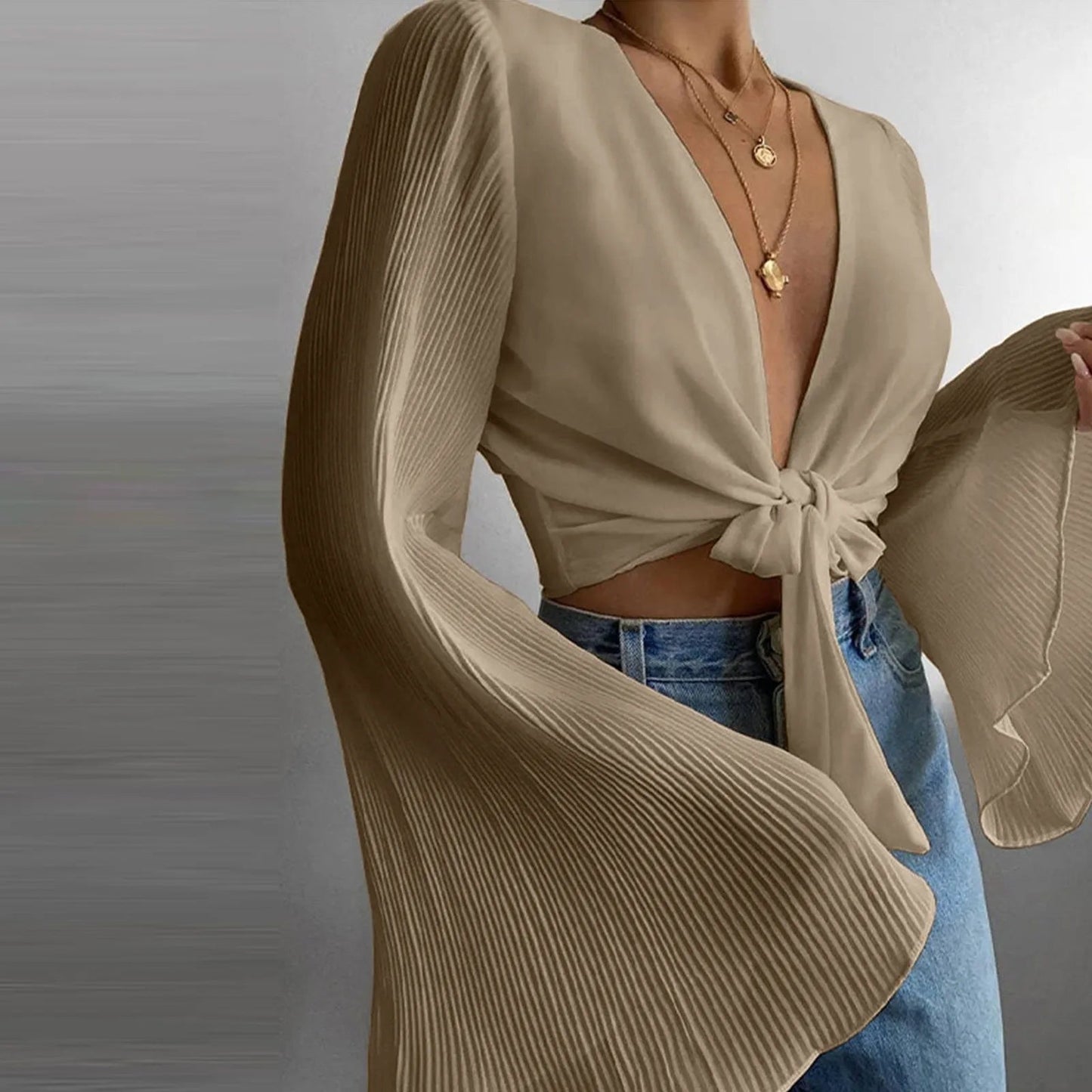 Bell Sleeve Pleated Chiffon Blouse