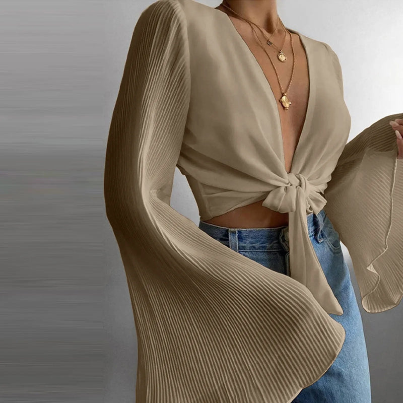 Bell Sleeve Pleated Chiffon Blouse