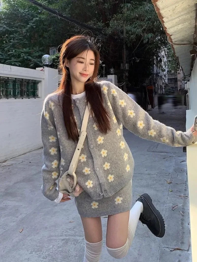 Sweet Hot Girl Knitted Suit Autumn and Winter Oneck Loose Cardigan Wrap Hip Skirt Twopiece Set Female Clothes
