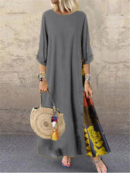Cotton Linen Long Dresses Three Quarter Sleeves Splicing Print Loose A-line Dress Lady Maxi Vestido