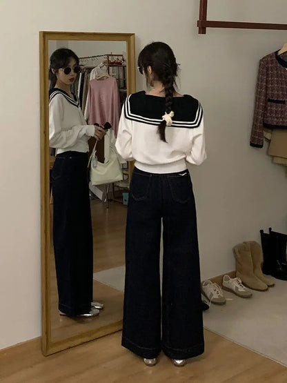 White Navy Collar Knitted Cardigan Age Reduction Clothing Autumn Thin Long Sleeve Sweater Korean Y2k Top