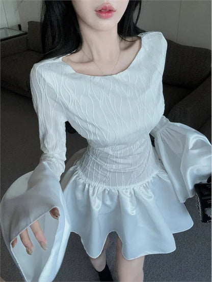 Y2k Sweet White Dresses Flare Long Sleeves Princess Ruffle Party Mini Dress Ball Gown Female Clothing New
