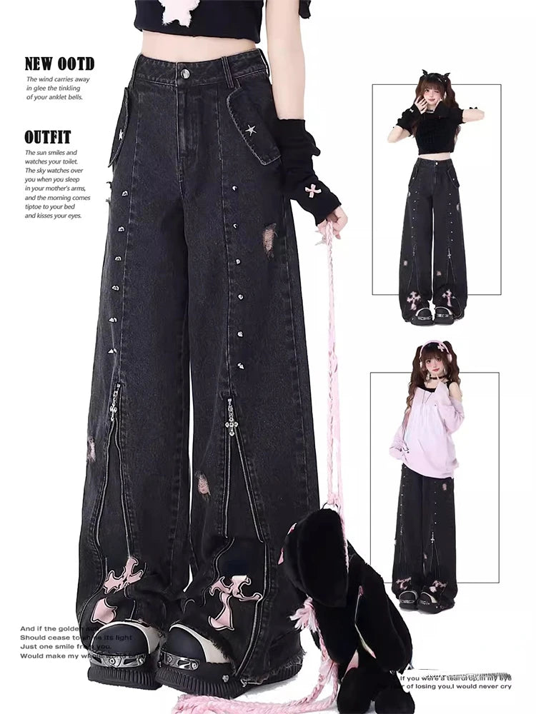 Black Gothic Baggy Jeans High Waist Cowboy Pants Harajuku Denim Trousers Aesthetic Y2k Emo Trashy 2000s Clothes