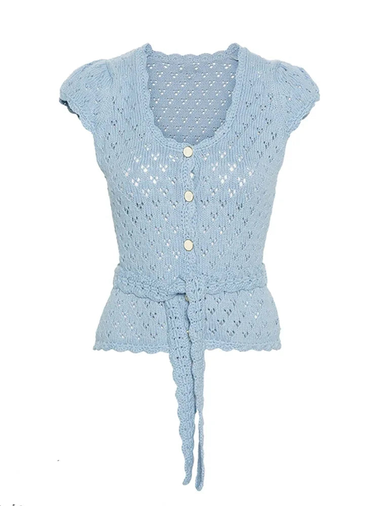 Summer Korean Core Short Sleeve Knit Tshirts Mori Girl Tees Cardigan Crop Tops Coquette Gyaru Aesthetic
