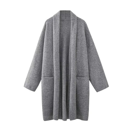 Gray Loose Open Stitch Sweater Cardigan Spring Pockets Long Sleeve Oversized Knit Sweaters Coat New Top