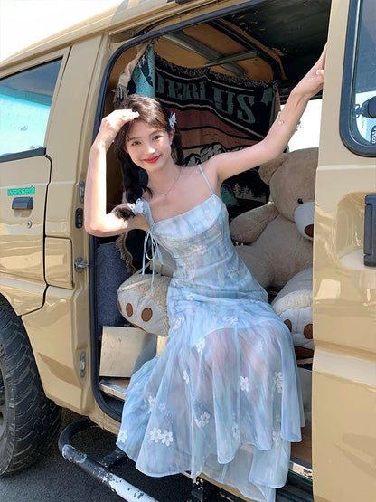 Summer Blue Chiffon Midi Dress Beach Embroidery One Piece Dress Korean Evening Party