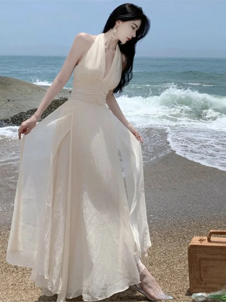 Summer Sleeveless Halter Long White Maxi Dress Tight Waist Vneck Beach Dress Robes Du Soir Evening Dresses Wedding Prom